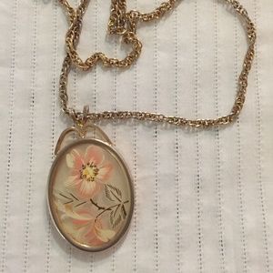 Vintage flower cameo pendant on gold-tone necklace
